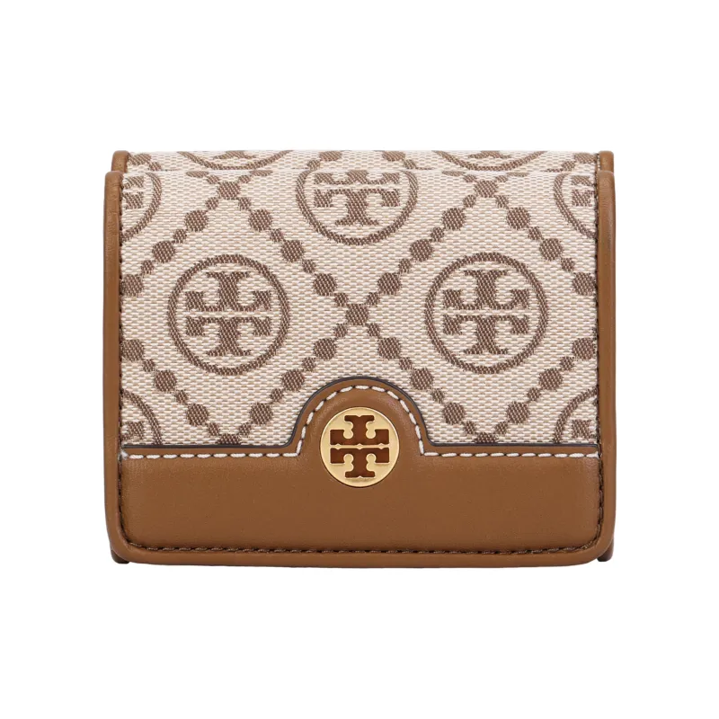 TORY BURCH T Monogram Jacquard Wallet Mini Women's Khaki & Brown-0