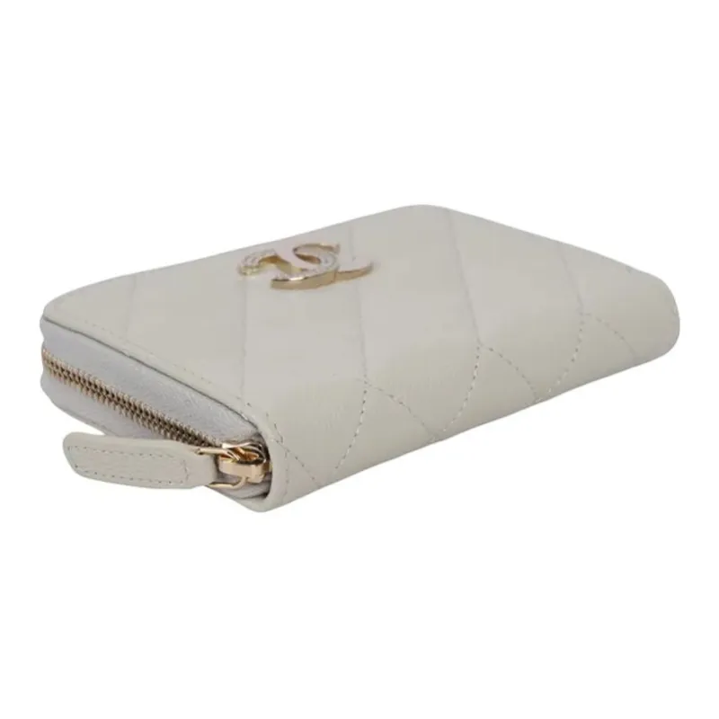 CHANEL Leather Coin Purse Women's Gray White-3