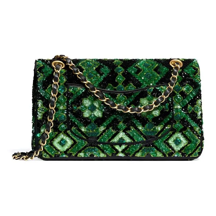 CHANEL Classic Flap CF Sequins Metal Shoulder Bag Women's Green & Black-1