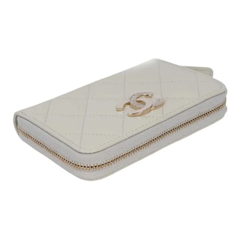 CHANEL Leather Coin Purse Women's Gray White-4