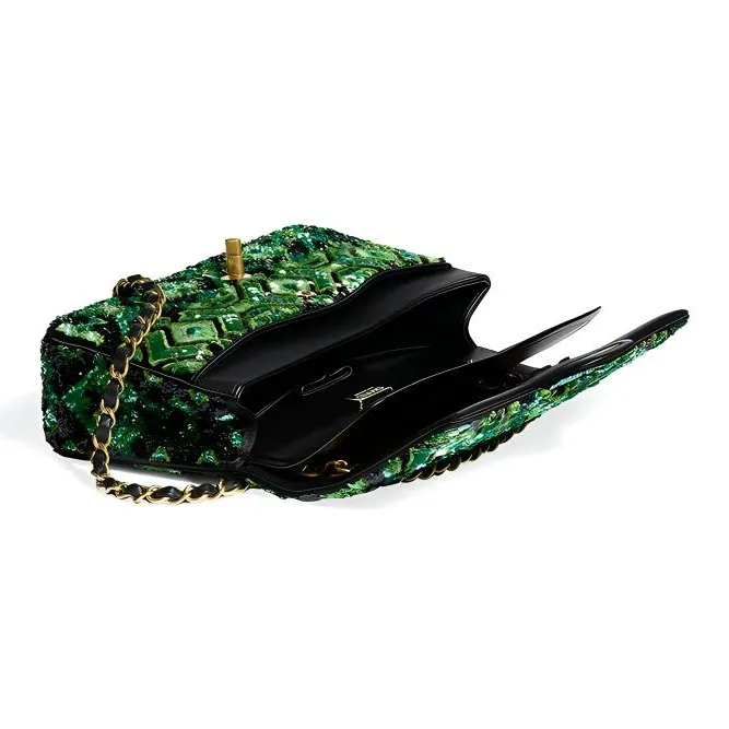 CHANEL Classic Flap CF Sequins Metal Shoulder Bag Women's Green & Black-3