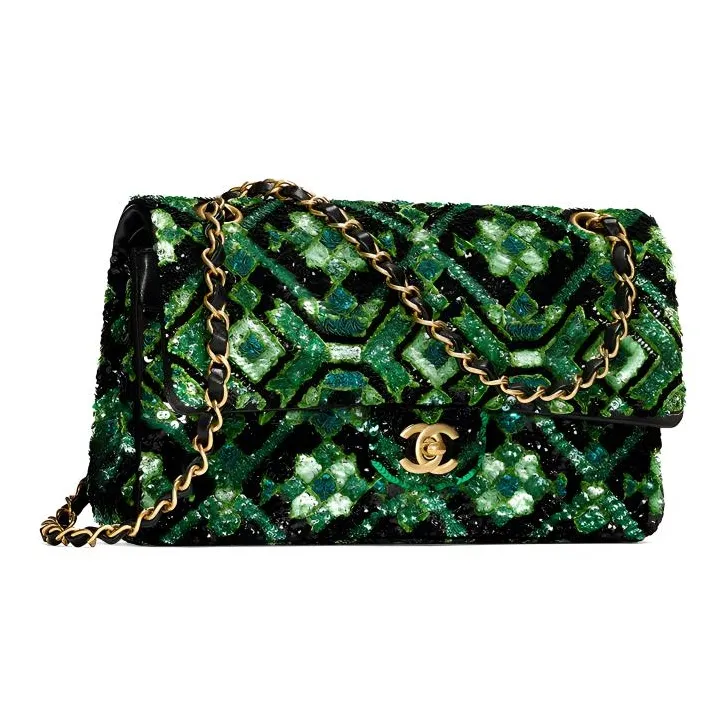 CHANEL Classic Flap CF Sequins Metal Shoulder Bag Women's Green & Black-2