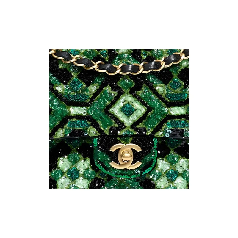 CHANEL Classic Flap CF Sequins Metal Shoulder Bag Women's Green & Black-4