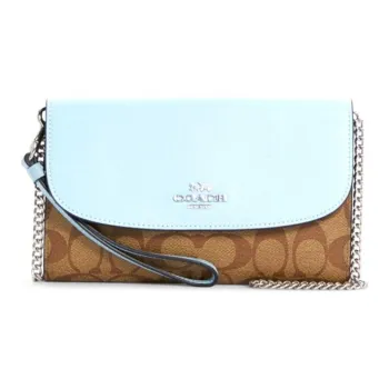 COACH Gemma Canvas With Leather Shoulder Bag, Crossbody Bag Small Size Women's Sky Blue & Khaki Monogram