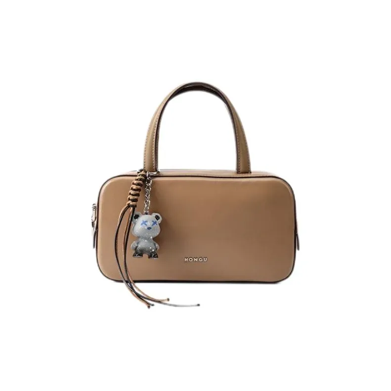 HONGU Cow Leather Bowling Bag, Shoulder Bag, Crossbody Bag, Handbag Women's Ancora Red/Ecru/Pitch Black/Khaki-6