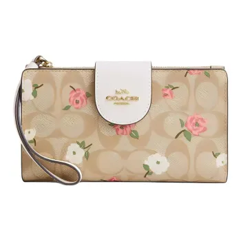 COACH Coated Canvas With Smooth Leather Wallet Trumpets Women's Gold & Light Khaki Chalk Multicolor