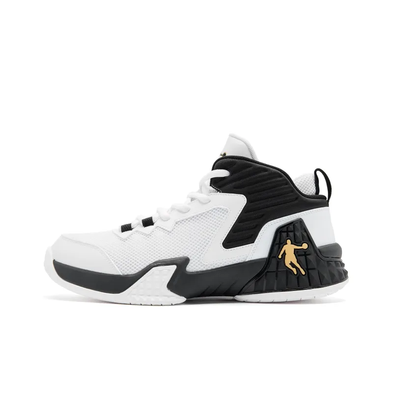 QIAODAN Grinding 1 Cushioning Coverage Anti Twist Support Anti Rollover High Top Basketball Shoes Men's White Black-0
