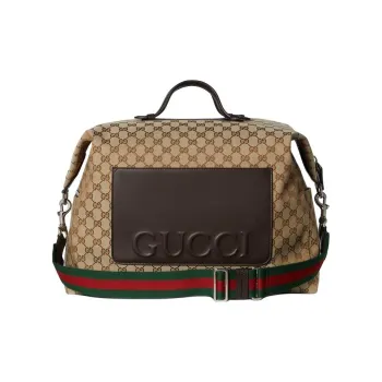 GUCCI Canvas Travel Bag Medium Size Men's Beige & Dark Brown