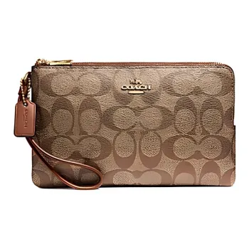 COACH Double Zip Wallet Canvas With Leather Wrist Bag Mahjong Bag Clutch Small Size Women's Brown Monogram
