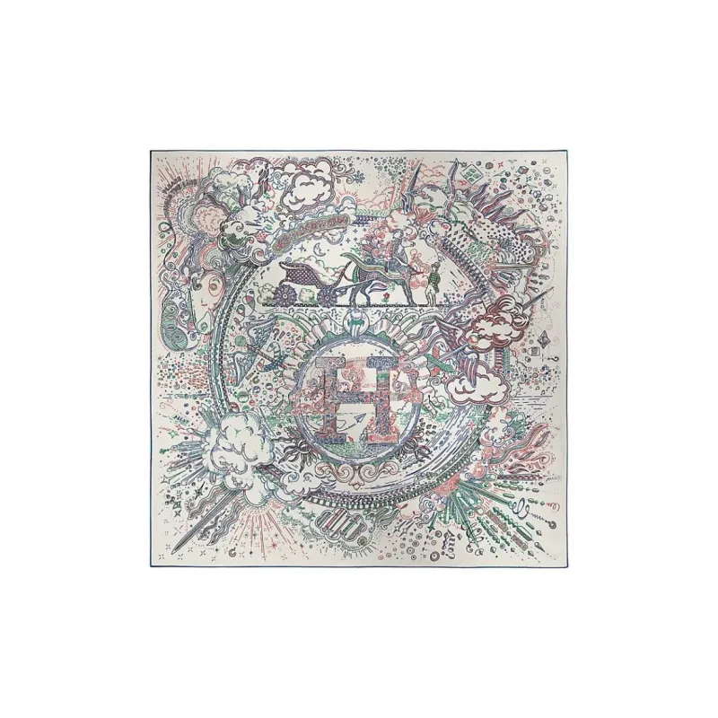 HERMES Mulberry Silk Silk Scarves Women's White/Cobalt Blue-0