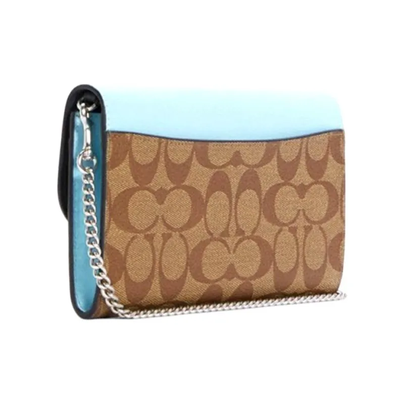 COACH Gemma Canvas With Leather Shoulder Bag, Crossbody Bag Trumpets Women's Sky Blue & Khaki Monogram-1
