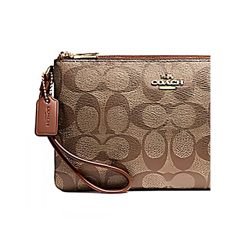 COACH Double Zip Wallet Canvas With Leather Wrist Bag Mahjong Bag Clutch Small Size Women's Brown Monogram-4