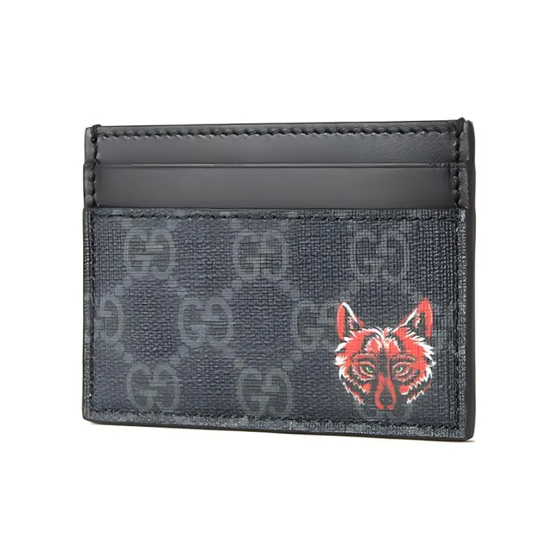 GUCCI Canvas With Leather Card Clip Card Holder Men's Black Gray Color/Red-2