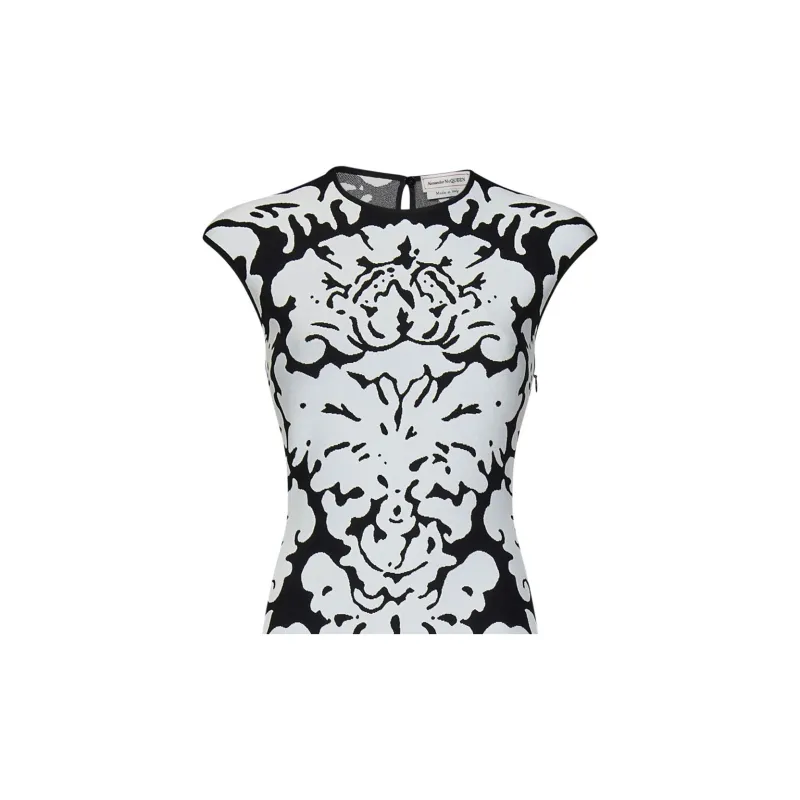 Alexander McQueen Damask Intarsia Knit Sleeveless Midi Dress-4