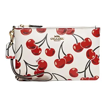 COACH Wristlet Polished Pebbled Leather Cow Leather Coin Purse Handheld Wrist Bag Small Size Women's White/Red