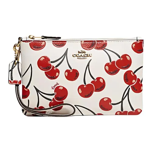 COACH Wristlet Polished Pebbled Leather Cow Leather Coin Purse Handheld Wrist Bag Small Size Women's White/Red