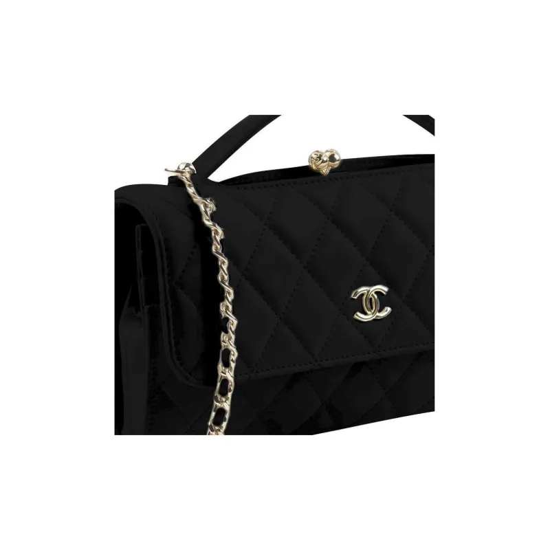 CHANEL Shiny Calfskin With Gold Metal Cell Phone Pouch, Shoulder Bag, Crossbody Bag Women's Black-3
