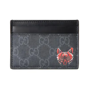 GUCCI Canvas With Leather Card Clip Card Holder Men's Black Gray Color/Red