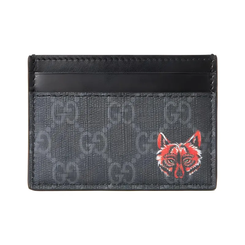 GUCCI Canvas With Leather Card Clip Card Holder Men's Black Gray Color/Red-0