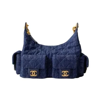 CHANEL 25C Denim Hobo Bag Women's Dark Blue
