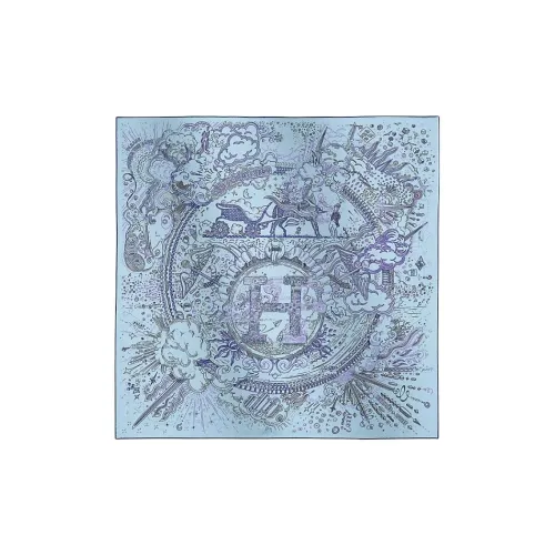 HERMES Mulberry Silk Silk Scarves Women's Sky Blue/Ink Blue