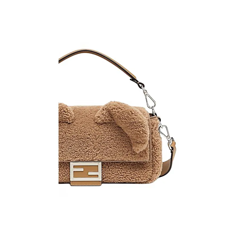 FENDI Baguette Sheep Wool Shoulder Bag Crossbody Bag Handbag Men's Beige-3