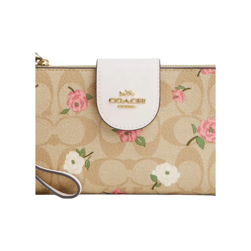 COACH Coated Canvas With Smooth Leather Wallet Trumpets Women's Gold & Light Khaki Chalk Multicolor-2