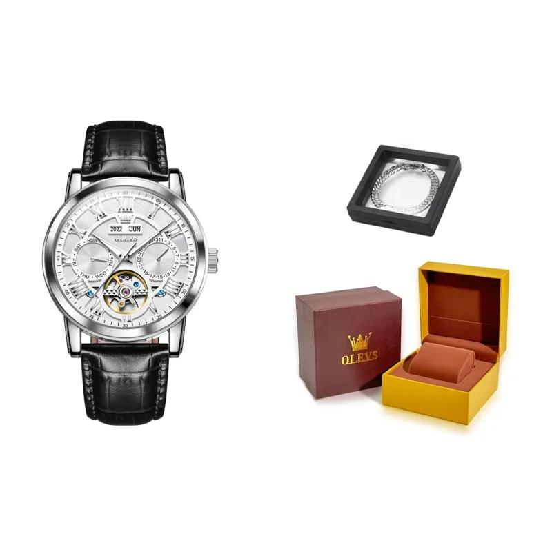 OLEVS Play The Cool Series Automatic Mechanical Movement Leather Strap Watch Men's Watches White Dial-5