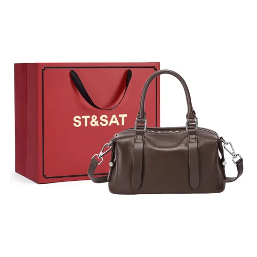 ST&SAT Cow Leather Patchwork Synthetic Leather Pillow Bag One Shoulder Handbag Women's Brown Red/Dark Coffee