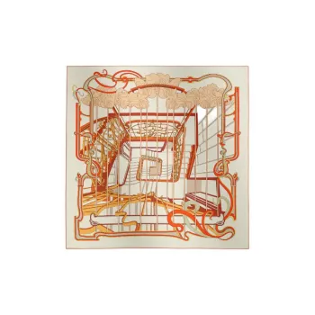 HERMES Mulberry Silk Scarves Women's Cream/Terracotta Red/Orange
