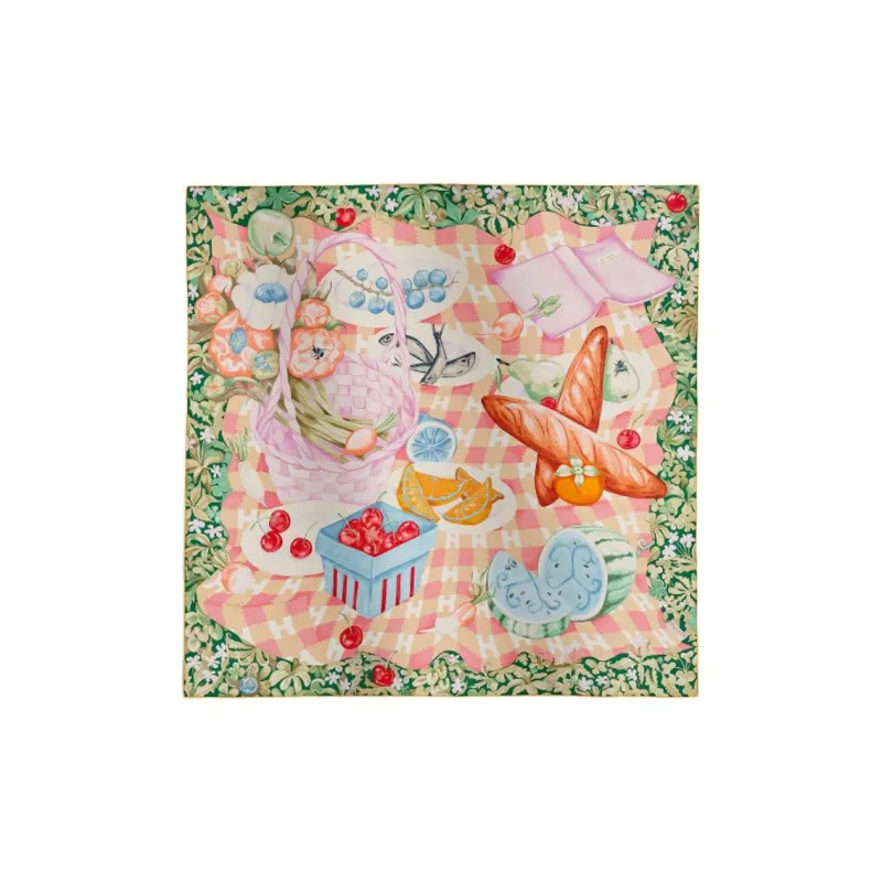 HERMES Mulberry Silk Scarves Women's Green/Yellow/Light Purple-0