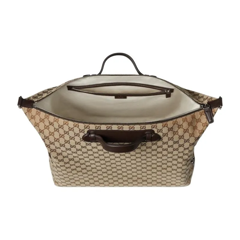 GUCCI Canvas Travel Bag Medium Size Men's Beige & Dark Brown-4