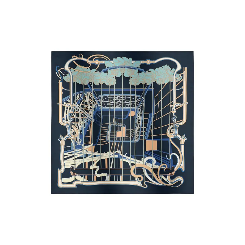 HERMES Mulberry Silk Scarves Women's Navy Blue/Medium Blue/Sulfur Yellow-0
