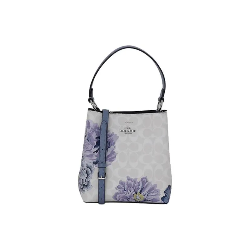 COACH Town Leather Portable One Shoulder Bucket Bag Crossbody Bag Small Size Women's White Purple-3