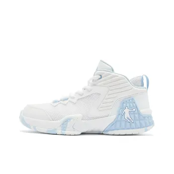 QIAODAN Grinding 1 Cushioning Coverage Anti Twist Support Anti Rollover Mid Top Basketball Shoes Men's White Blue