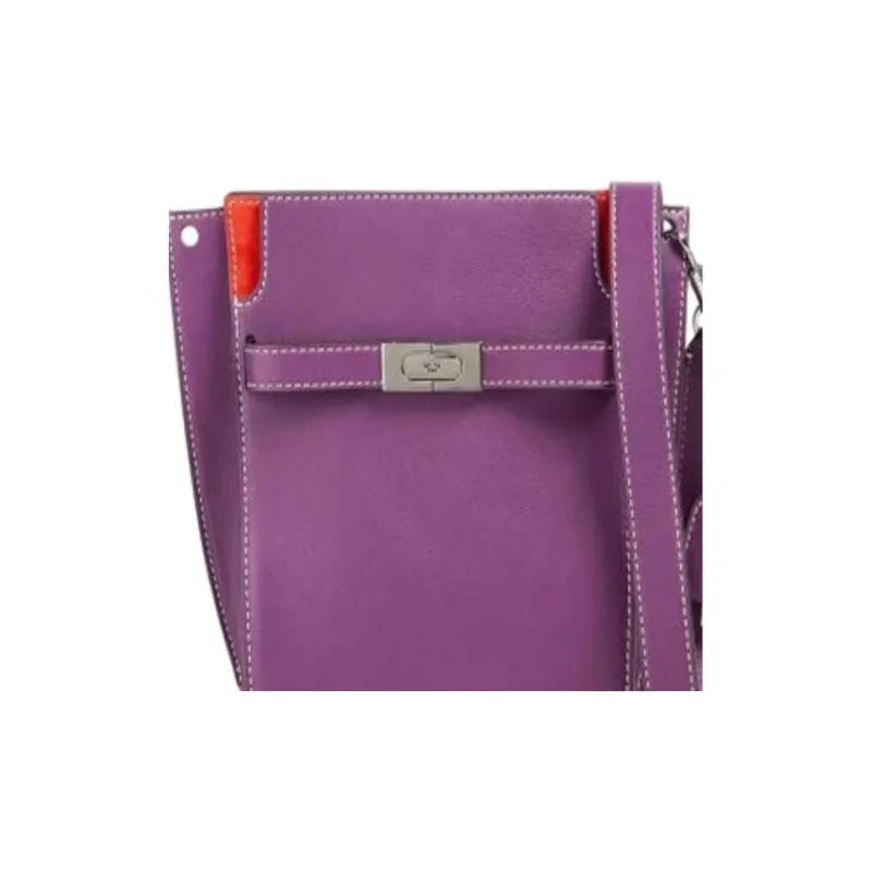 TORY BURCH Lee Radziwill Leather With Suede Trim Bucket Bag, Shoulder Bag, Crossbody Bag Women's Purple-3