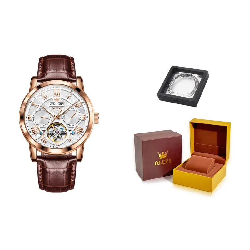 OLEVS Play The Cool Series Automatic Mechanical Movement Leather Strap Watch Men's Watches White Dial-23