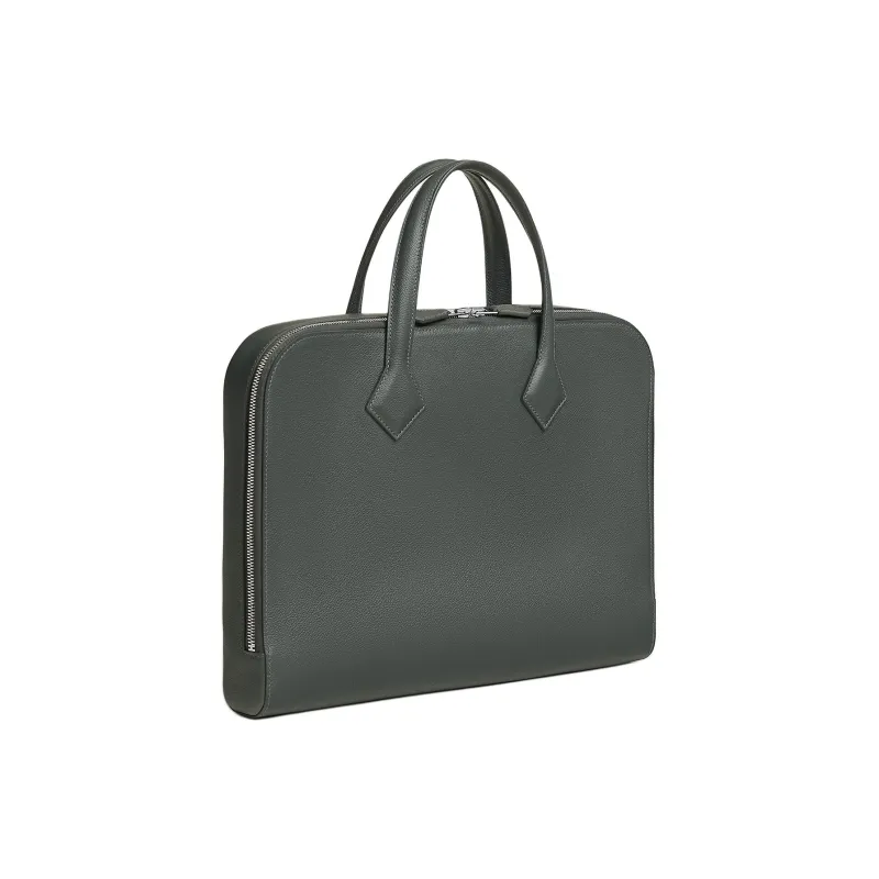 HERMES Victoria Light Evercolor Leather Briefcases Men's Red Forest Green-1