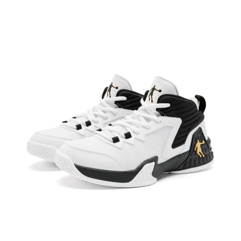 QIAODAN Grinding 1 Cushioning Coverage Anti Twist Support Anti Rollover High Top Basketball Shoes Men's White Black-2
