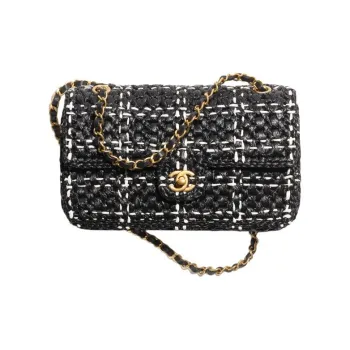 CHANEL Raffia And Plaid Combination Shoulder Bag, Crossbody Bag Women's Black/White