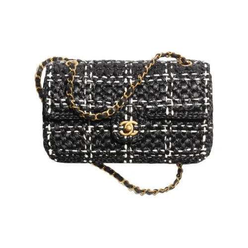 CHANEL Raffia And Plaid Combination Shoulder Bag, Crossbody Bag Women's Black/White