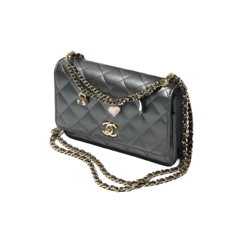 CHANEL Lambskin Wallet Women's Metallic Black-2