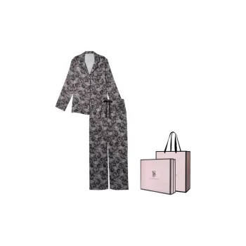 Victoria's Secret Satin Long Pajama Set Pajama Set Women's Black Gray Color Print