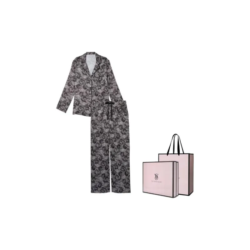 Victoria's Secret Satin Long Pajama Set Pajama Set Women's Black Gray Color Print-3