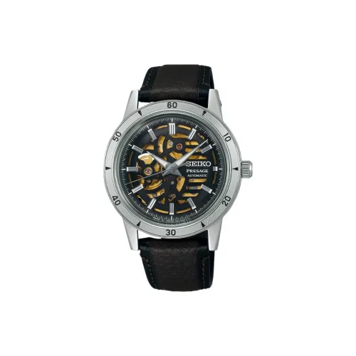 SEIKO Automatic/Manual Mechanical Movement Cowhide Strap Watch 46.2mm Men's Watches Cut Out Dial