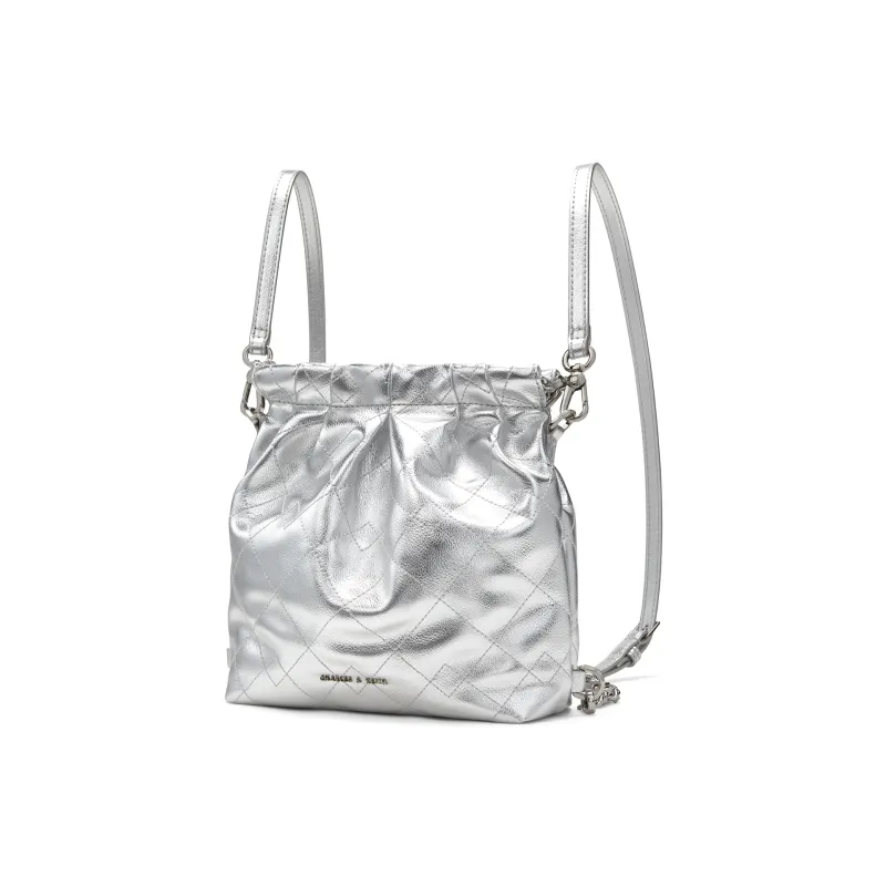 CHARLES&KEITH Polyurethane Synthetic Leather Backpack Women's Black/Cream Milk White/Silver/Pink-21
