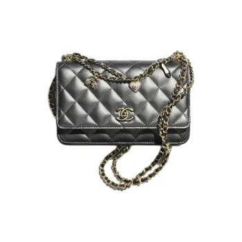 CHANEL Lambskin Wallet Women's Metallic Black