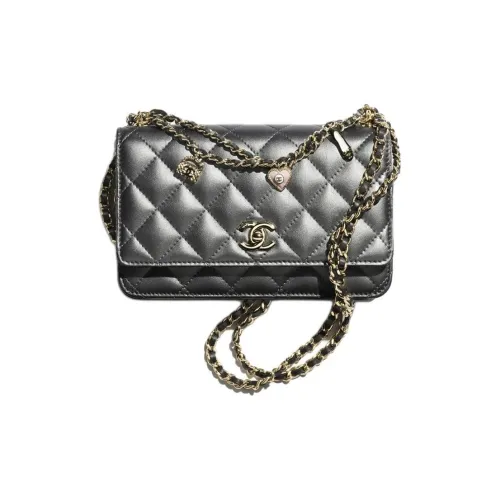 CHANEL Lambskin Wallet Women's Metallic Black