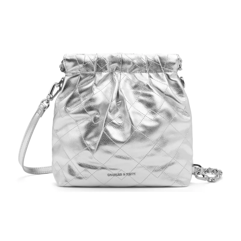 CHARLES&KEITH Polyurethane Synthetic Leather Backpack Women's Black/Cream Milk White/Silver/Pink-17
