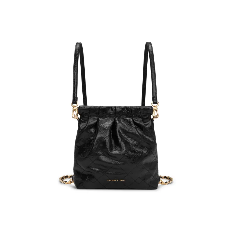 CHARLES&KEITH Polyurethane Synthetic Leather Backpack Women's Black/Cream Milk White/Silver/Pink-4
